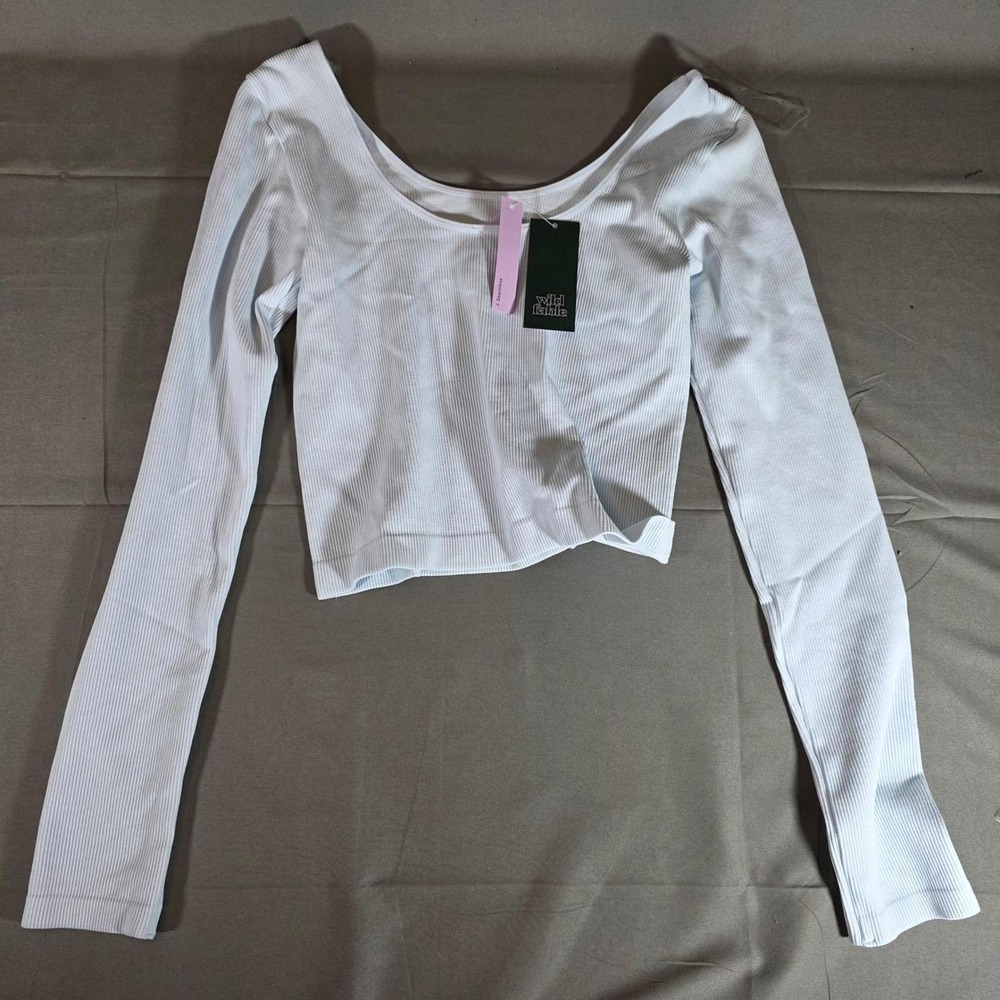 Wild Fable Womens Long Sleeve Ribbed Seamless Scoop Neck Crop Top Light Blue M